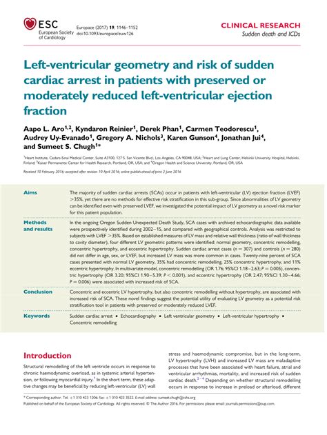 Left Ventricular Geometry and Risk of Sudden Cardiac Arrest in 